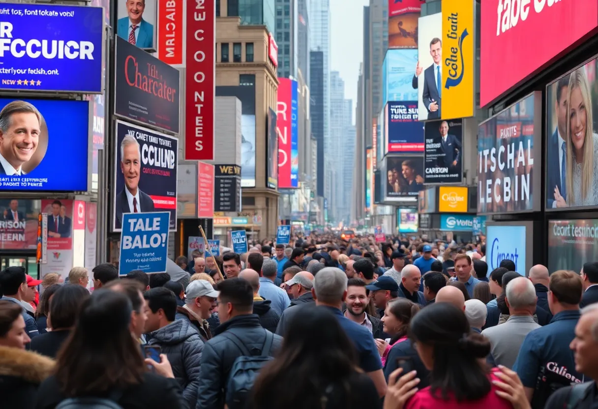 City scene showcasing political posters and diverse groups discussing brands