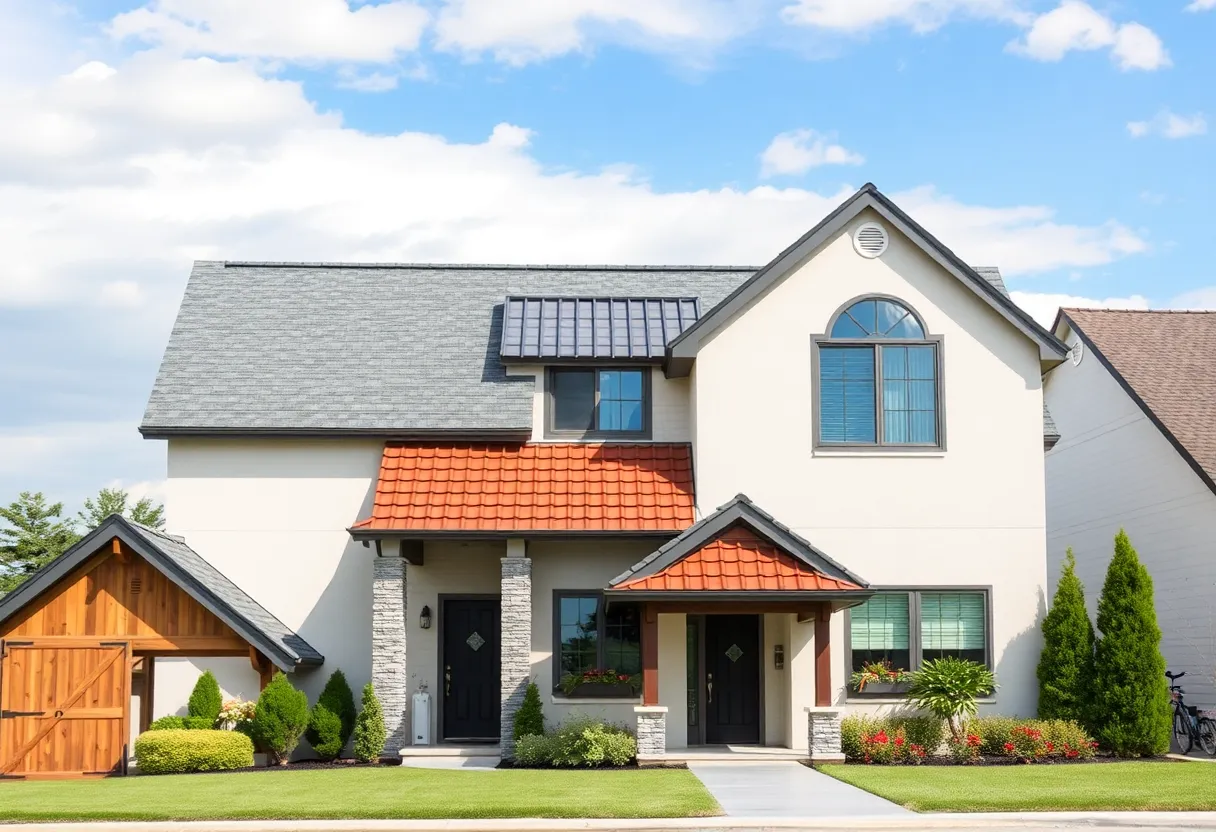 Variety of roofing materials including asphalt shingles, metal roofs, tile roofs, and wood shingles on a house.