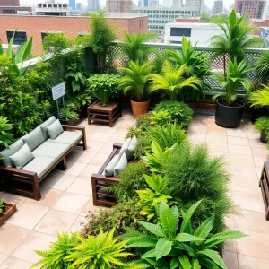 Lush rooftop garden with plants and seating