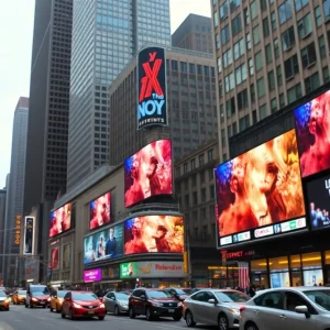 Chicago skyline with vibrant television marketing advertisements on display