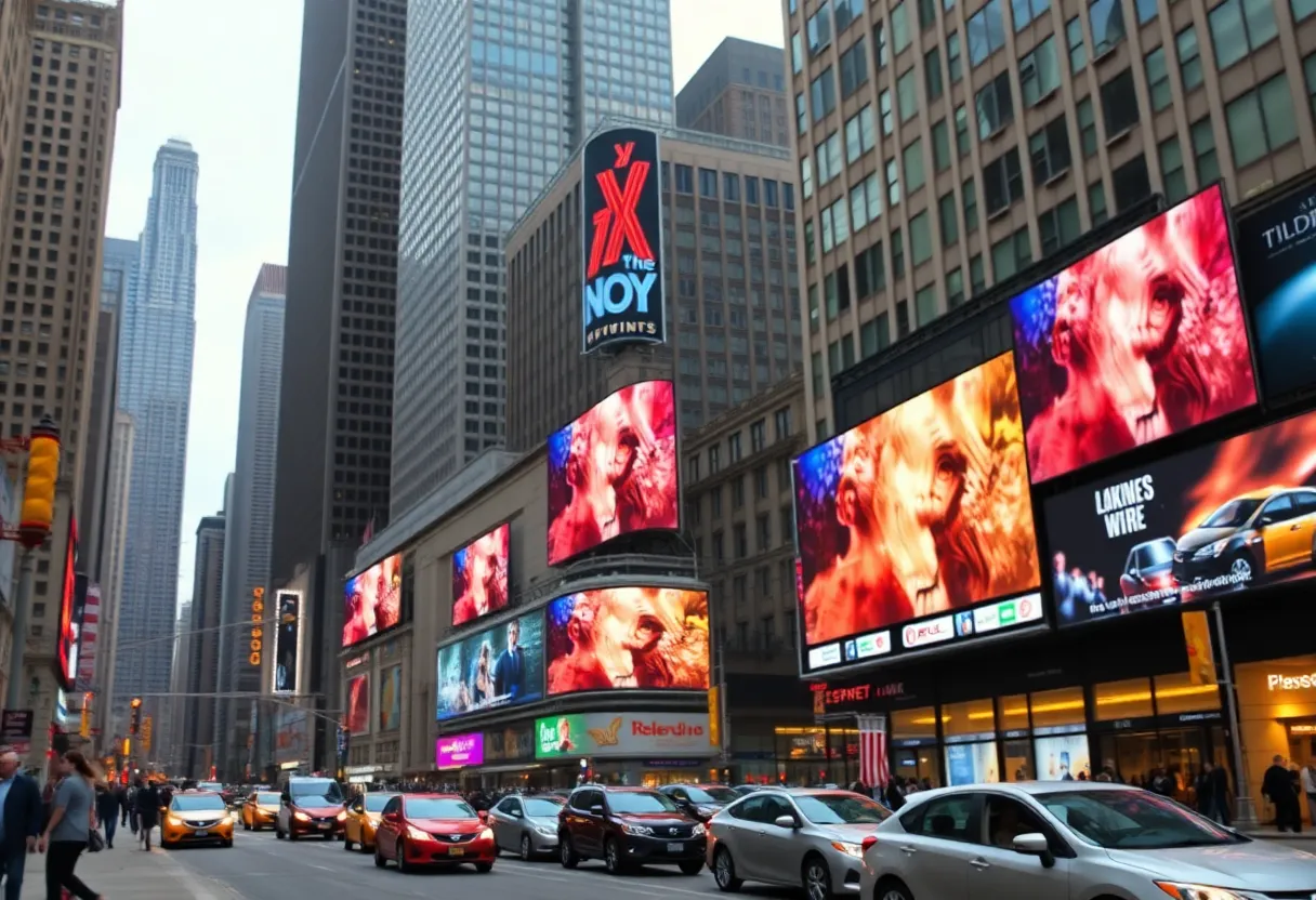 Chicago skyline with vibrant television marketing advertisements on display