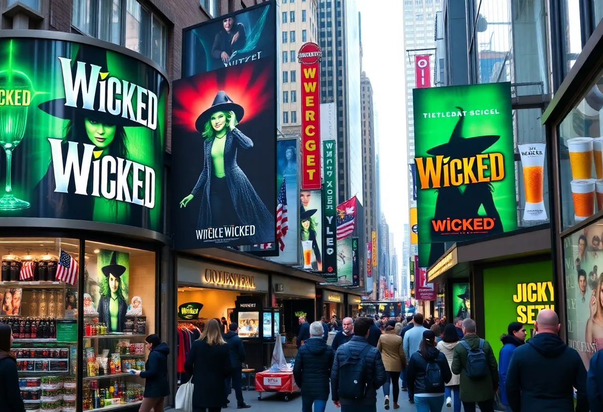 A vibrant New York street bustling with Wicked movie promotions