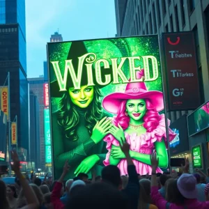 Promotional display for the Wicked movie in NYC with Elphaba and Glinda characters