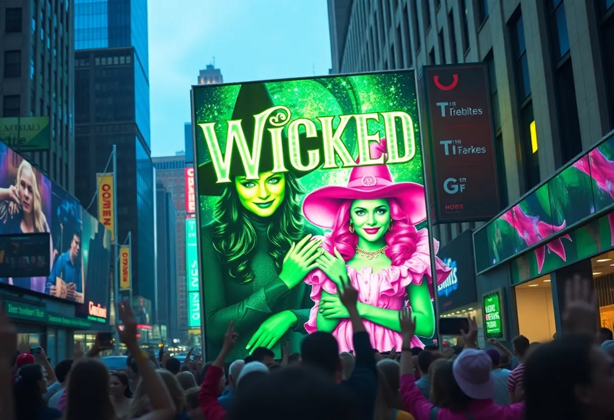 Promotional display for the Wicked movie in NYC with Elphaba and Glinda characters