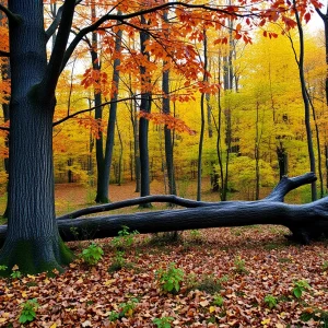 Autumn forest with a fallen tree stand in background.