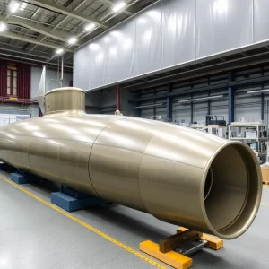 Modern submarine components in a high-tech manufacturing facility.