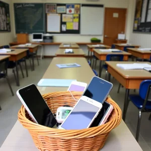 Classroom with phones collected in a basket during lessons.