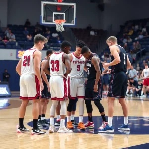 Struggling team on a basketball court post-game.