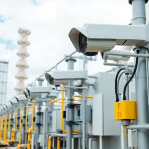 Energy facility with security measures and surveillance equipment.