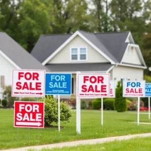 Homes with increasing "For Sale" signs in a neighborhood.