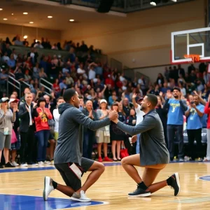 Basketball court proposal celebration with cheering crowd.