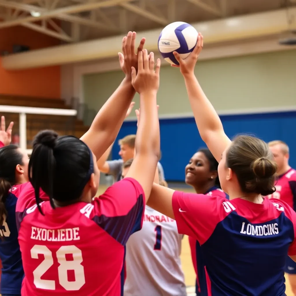 Celebration of teamwork in volleyball championship victory.