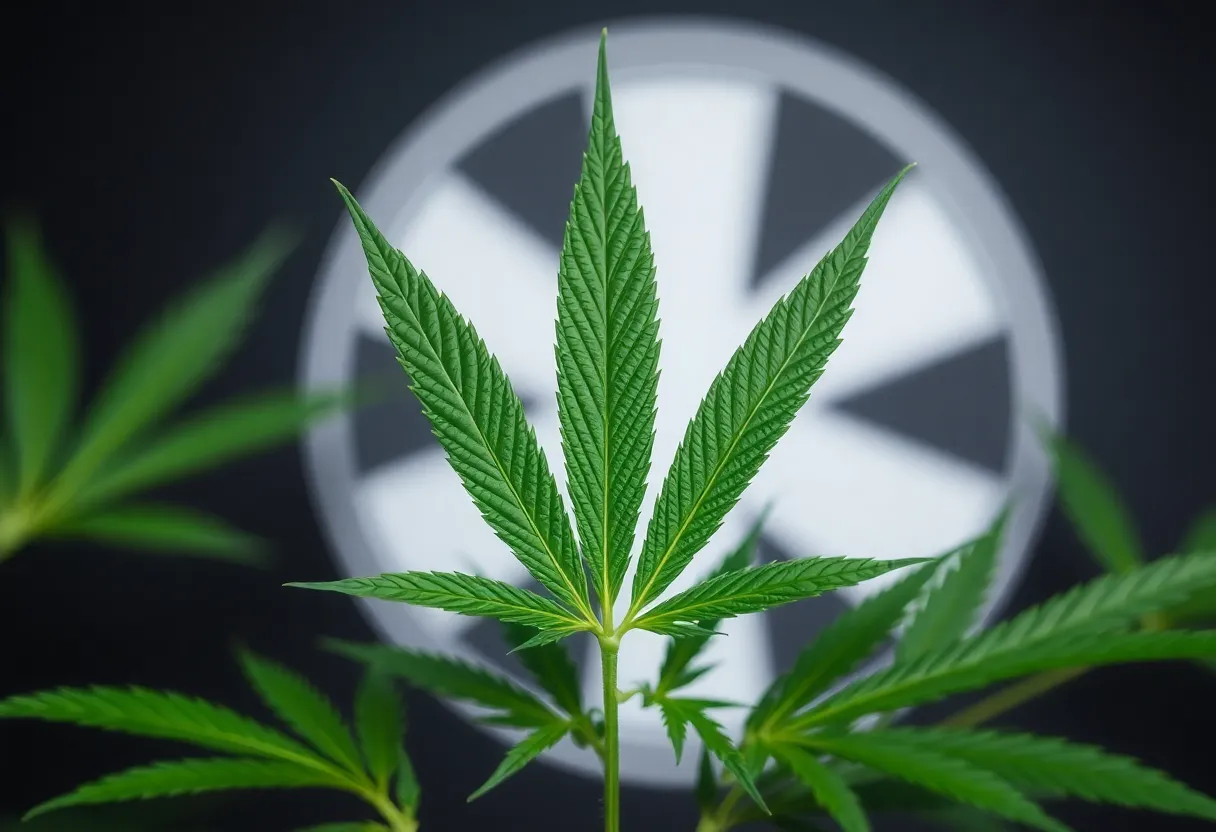 Green cannabis leaves with a medical symbol background.