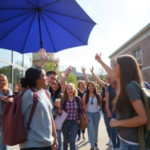 College campus with students celebrating affordability and accessibility.