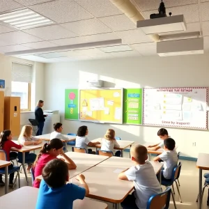 Bright classroom with engaged students and inspiring wall displays.