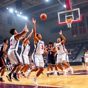 Dynamic basketball court action with team spirit and victory.