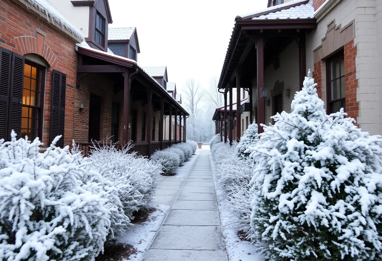 Frost-covered Southern architectural details in chilly atmosphere.