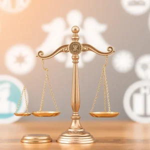 Scales of justice with healthcare symbols in background.