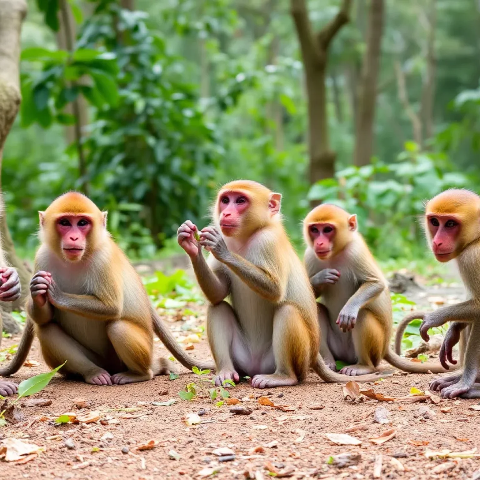 Group of playful monkeys in a lush forest setting.