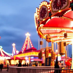 Fairground safety measures in place, vibrant festive atmosphere.