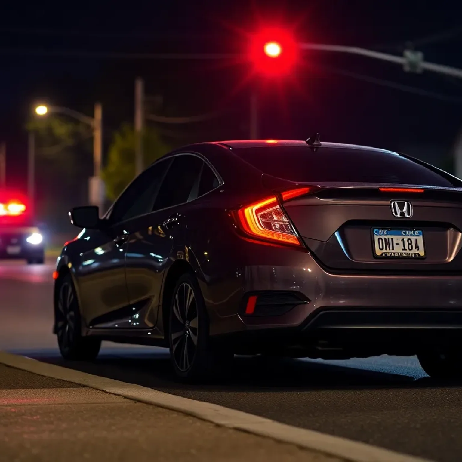 Nighttime road scene with police lights