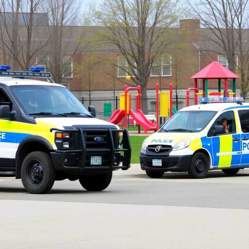 Police vehicle near a schoolyard after an arrest incident