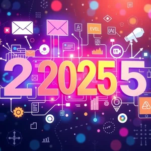 Visual representation of digital marketing strategies for 2025, highlighting content marketing, email campaigns, and AI technology.