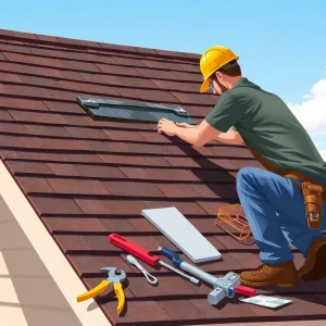 Homeowner doing DIY roofing techniques on a sunny day.