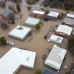 Aerial view of Erwin, Tennessee showing the aftermath of flooding and community recovery efforts.