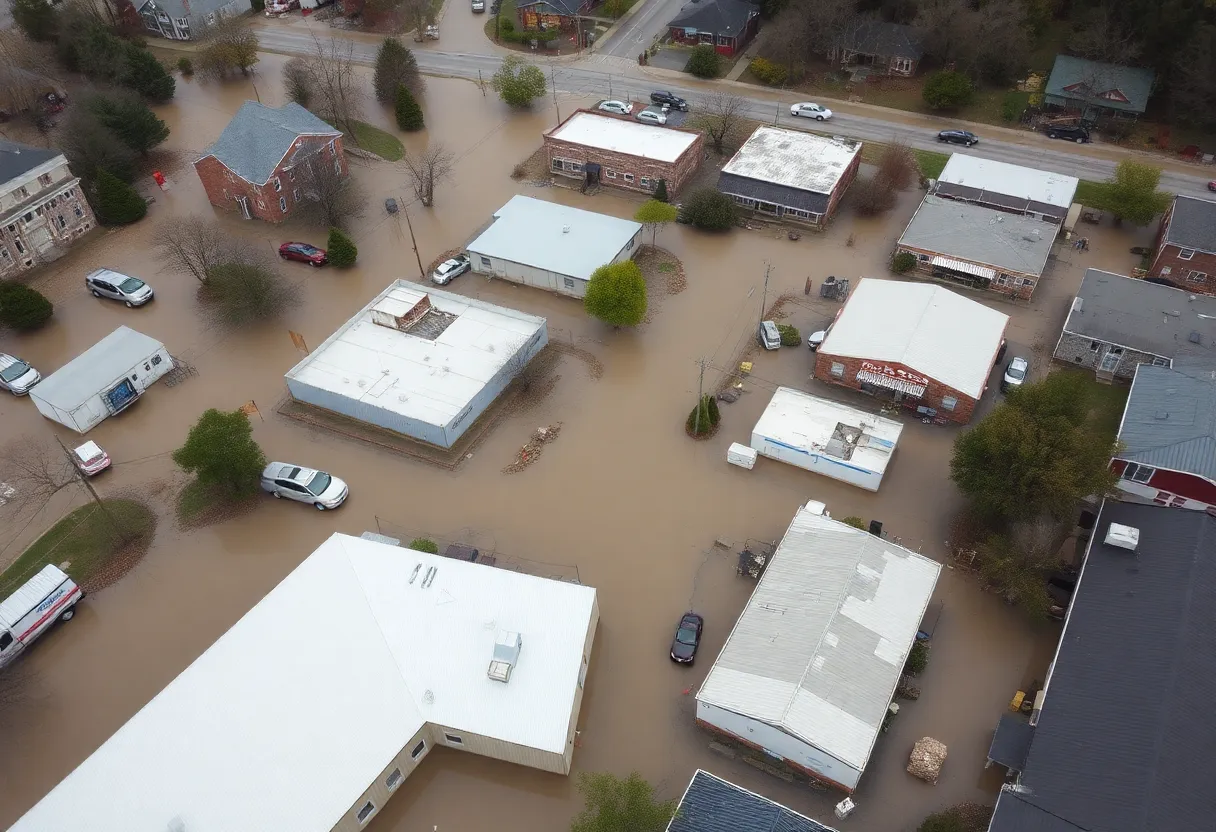 Aerial view of Erwin, Tennessee showing the aftermath of flooding and community recovery efforts.