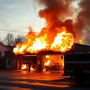 Firefighters battling a large fire at a mechanic shop in Greenwood County