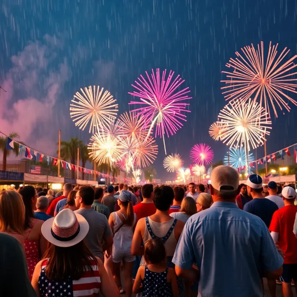 Families celebrating Fourth of July amidst rain with fireworks delayed