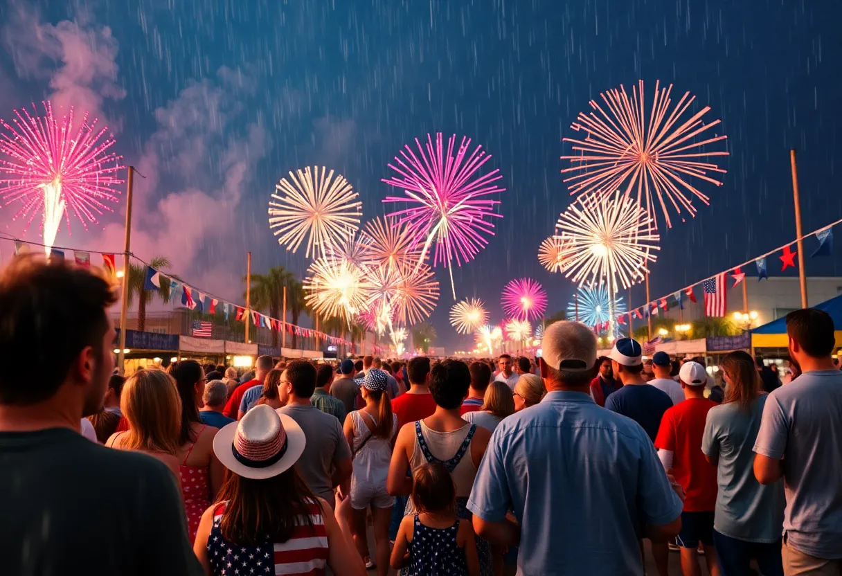 Families celebrating Fourth of July amidst rain with fireworks delayed