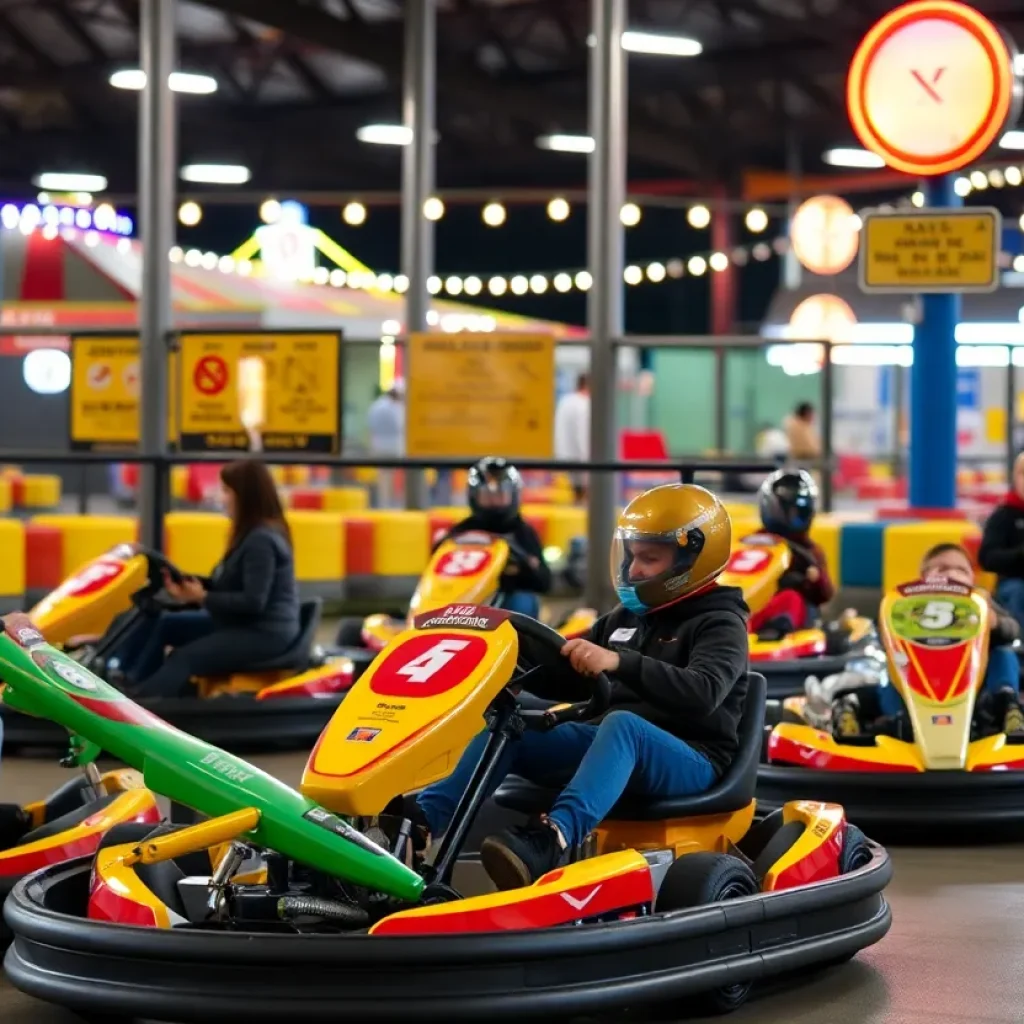 Amusement park with go-karts and safety signs