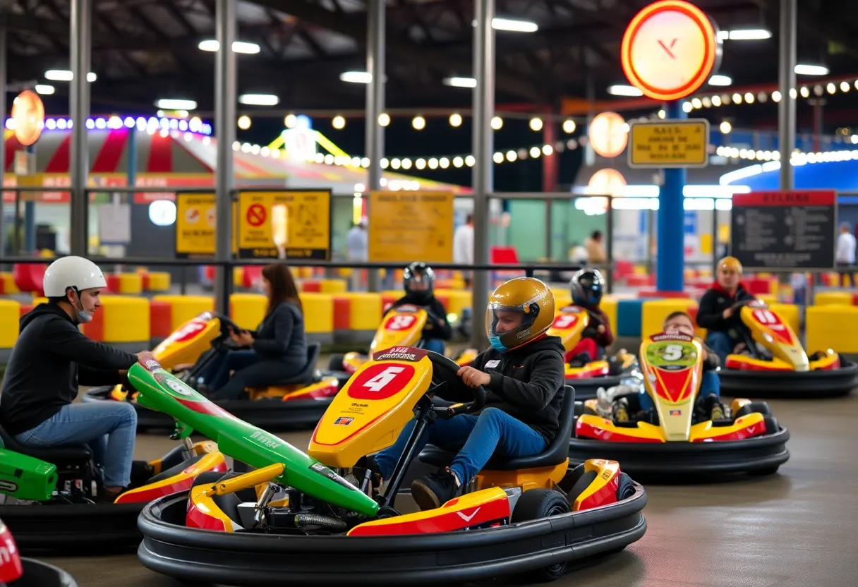 Amusement park with go-karts and safety signs