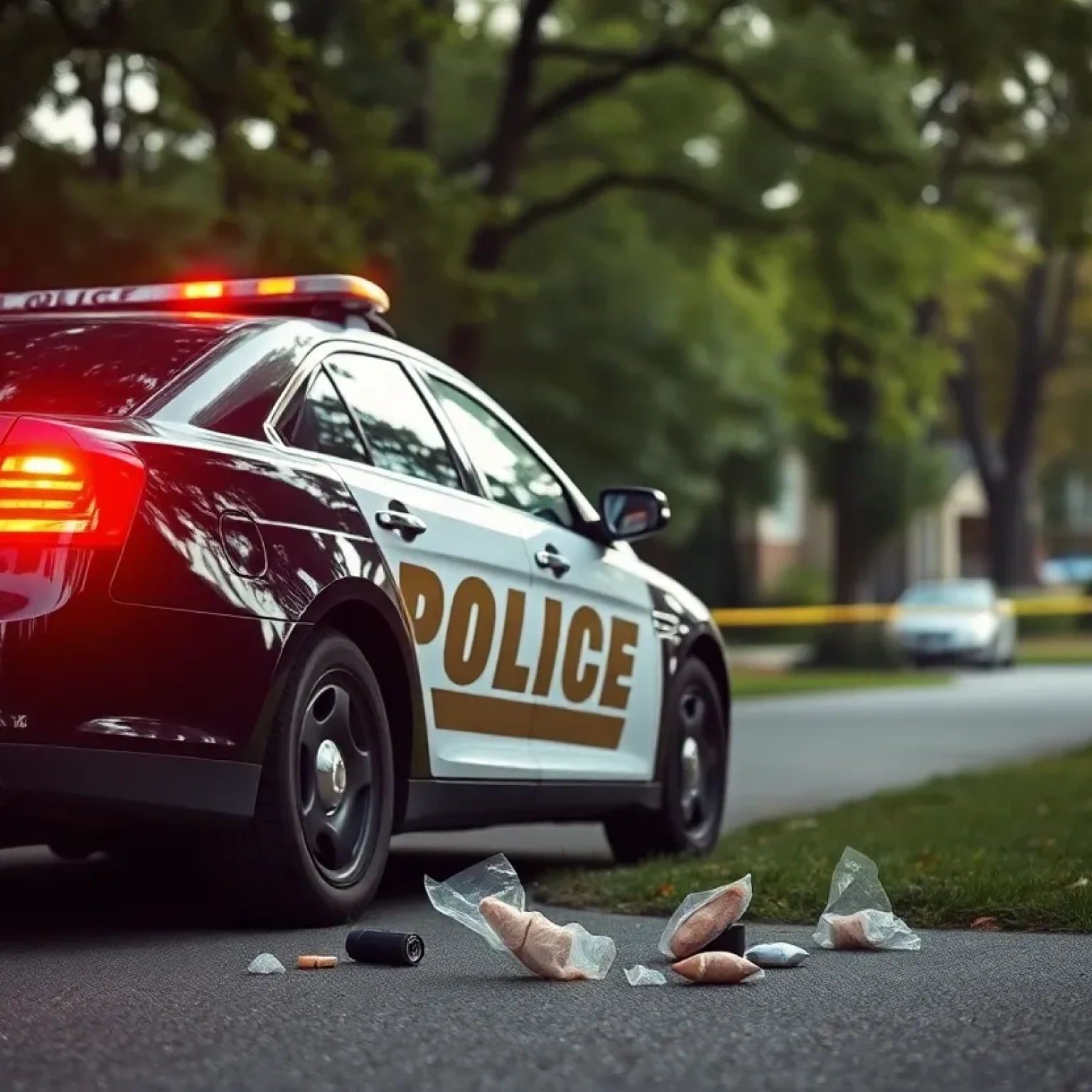 Police car at crime scene with drug paraphernalia