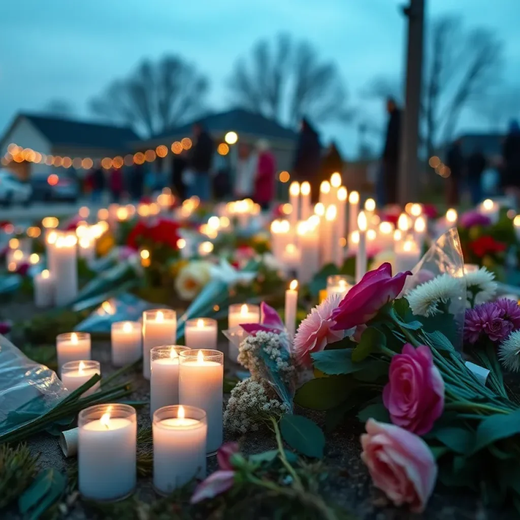 Community members paying respects at a memorial for the Greenwood shooting victim.