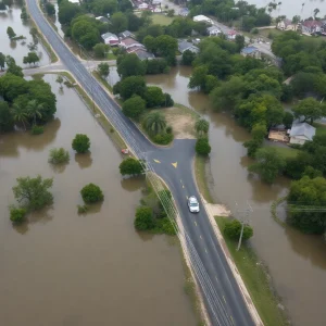 Aerial view showing flood damage due to Hurricane Helene in the Southeast.