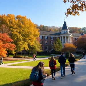 Students enjoying the outdoor environment at Lander University during autumn.