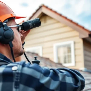 A person inspecting a roof with binoculars and tools