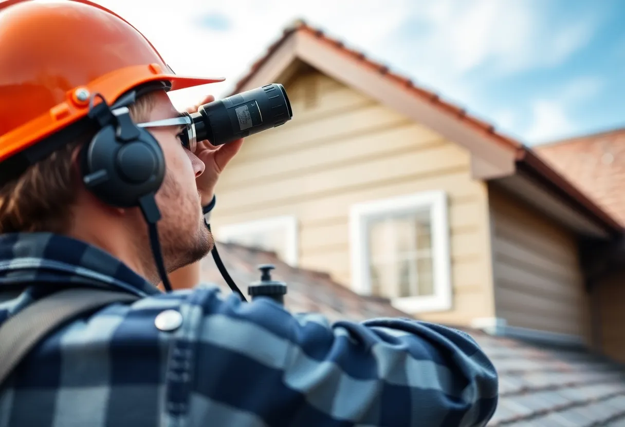 A person inspecting a roof with binoculars and tools