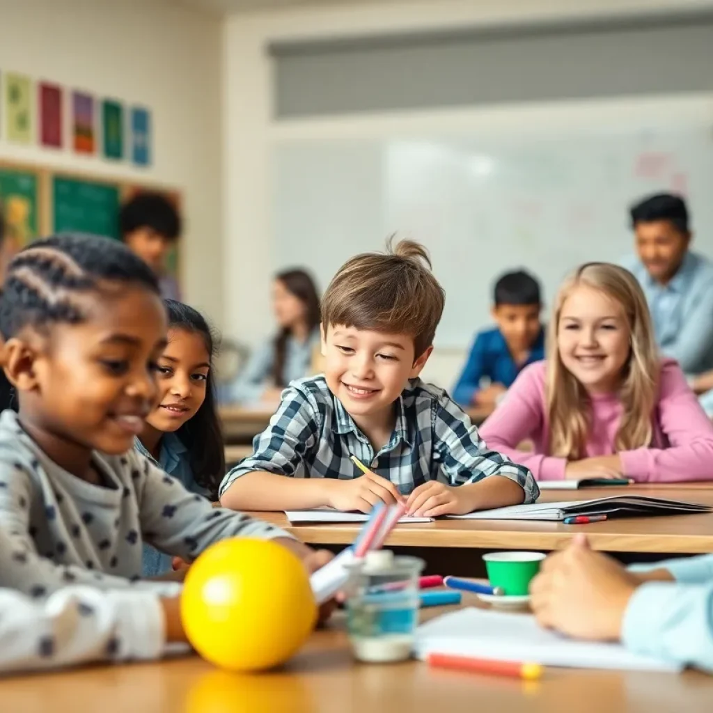 Students and teachers in a classroom celebrating educational achievements