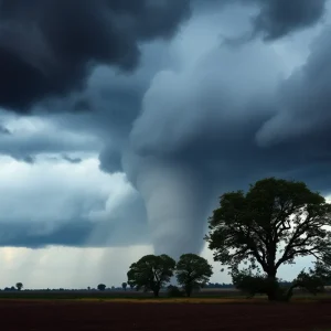 A powerful tornado touches down in Fairfield County, SC, amidst dark clouds and turbulent skies.