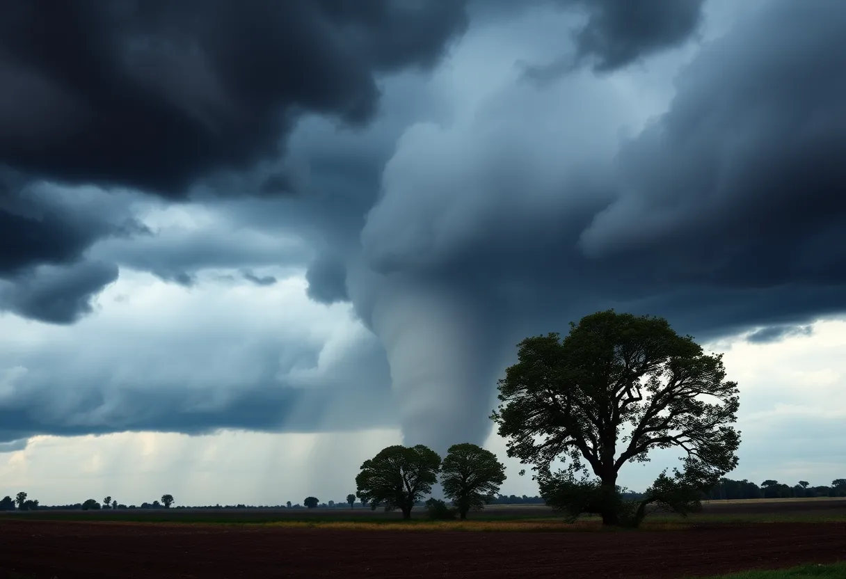 A powerful tornado touches down in Fairfield County, SC, amidst dark clouds and turbulent skies.