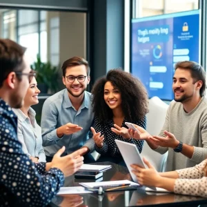 Diverse individuals discussing user feedback for digital marketing strategies