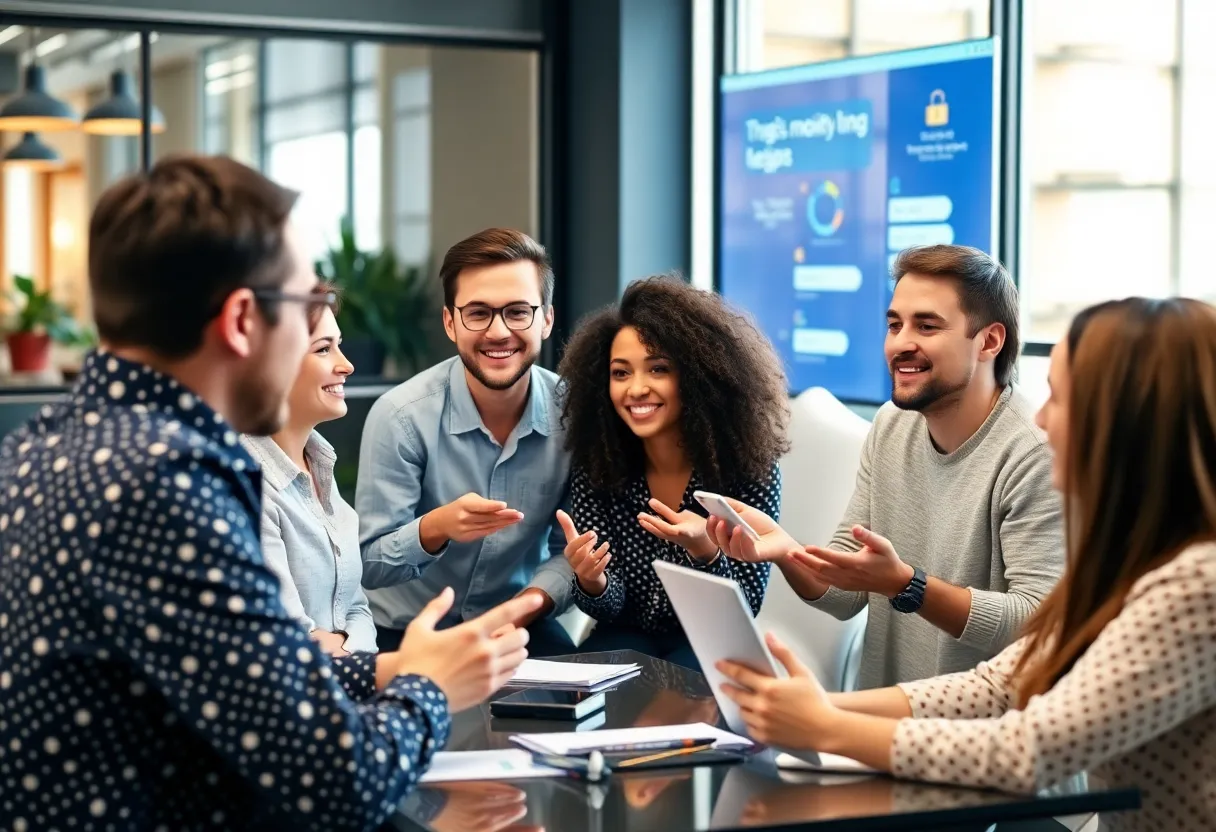 Diverse individuals discussing user feedback for digital marketing strategies