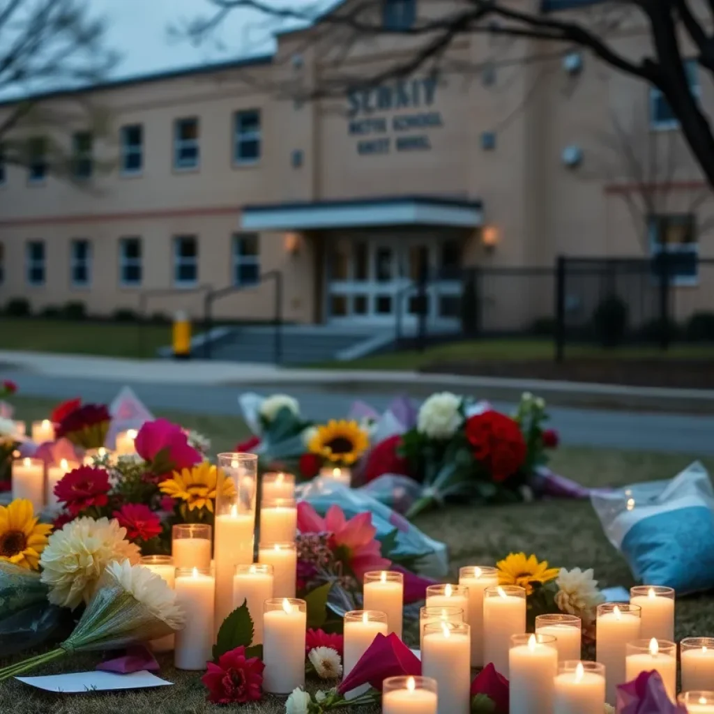 Memorial setup for victims of Winder school shooting with candles and flowers.