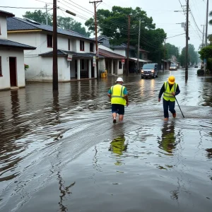 Workers maneuvering through flooded streets in Erwin, Tennessee during a storm.