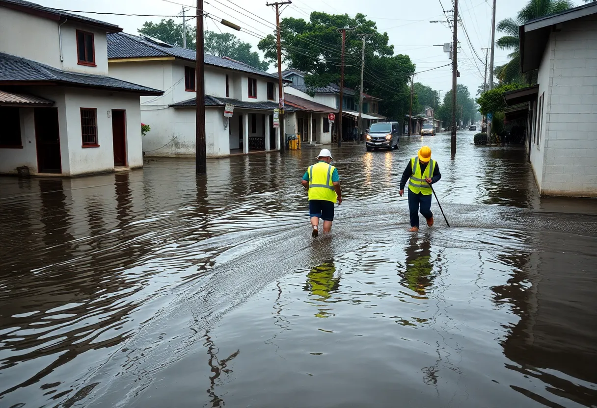 Workers maneuvering through flooded streets in Erwin, Tennessee during a storm.