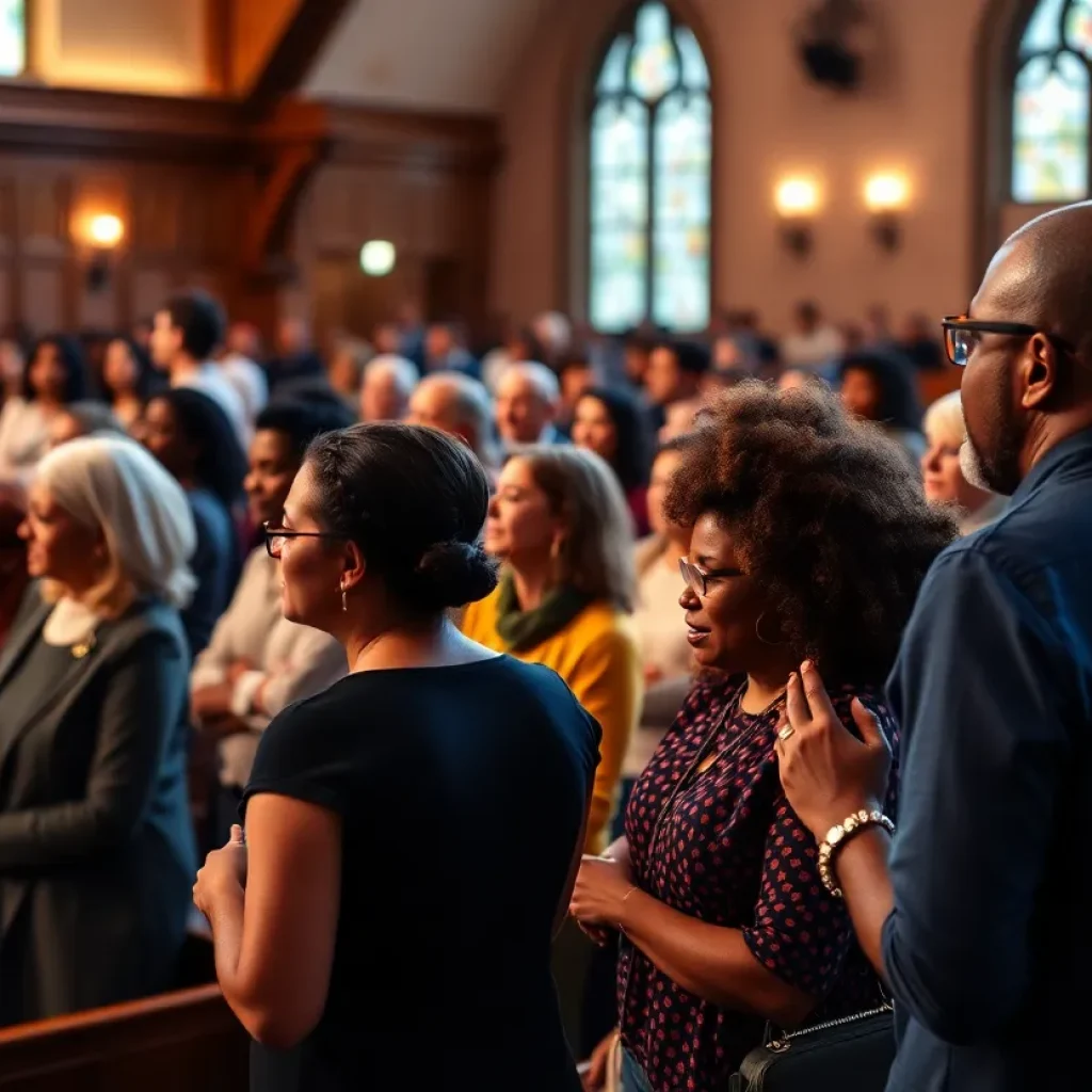 Community members gathered at a church reflecting on social justice.